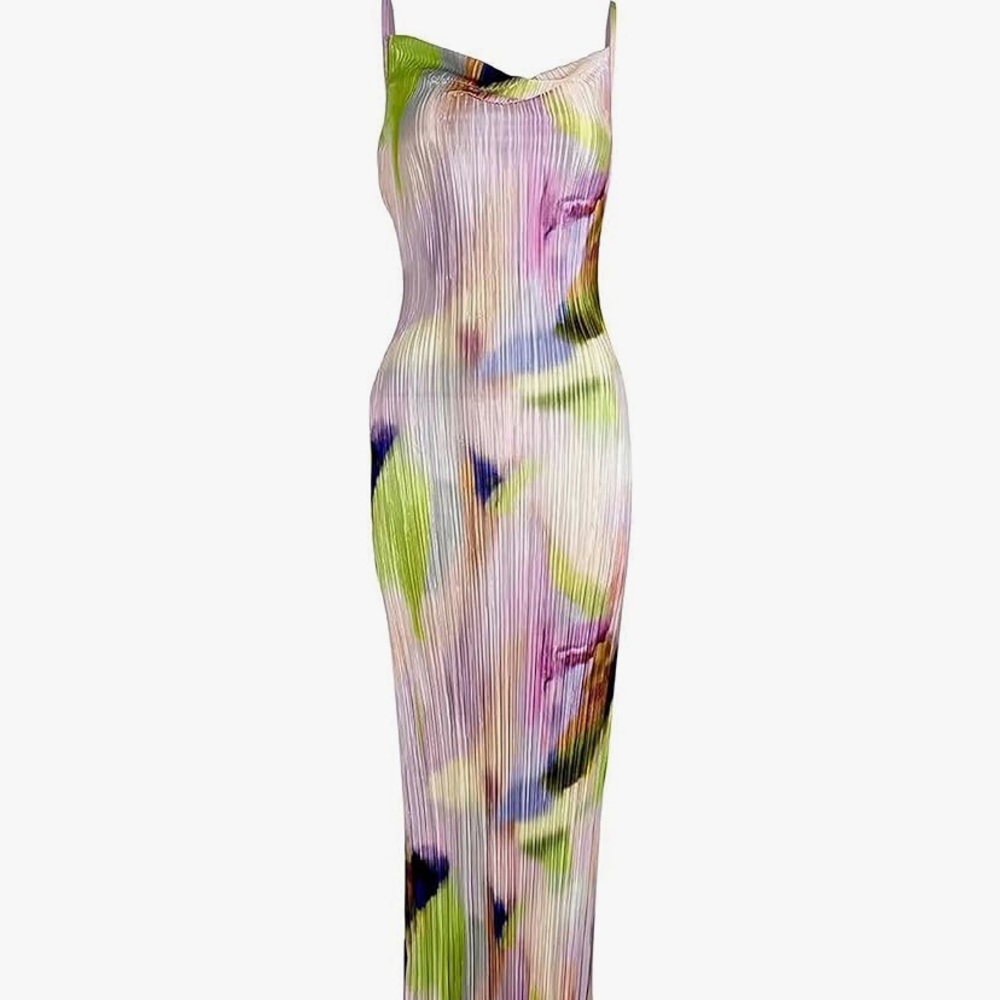Viral Amazon Dress - Cowl Neck Printed Plisse Maxi Dress